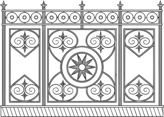 Intricate Wrought Ironwork Design: A detailed monochrome illustration of a decorative wrought ironwork, featuring elegant swirls, geometric shapes, and a starburst design.