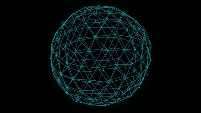 Abstract Blue Plexus Wireframe Sphere Rotating on Black Background - 4K Loop