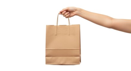Hand holding brown paper bag isolated on white background