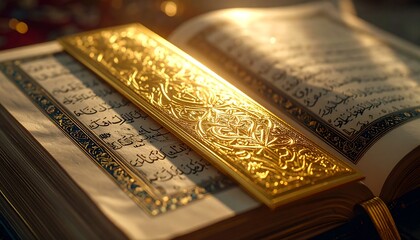 Fototapeta premium Illuminated Quran with Golden Bookmark - A Study in Religious Art.