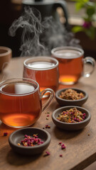 Warm tea cups with steam rising, surrounded by herbal ingredients, create cozy atmosphere