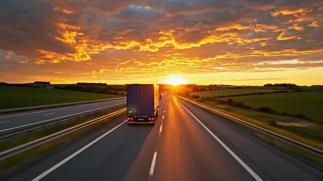 Highway journey with truck at sunset. Truck drives fast on open road under colorful sky. Scenic landscape showcases freedom and adventure in transportation.