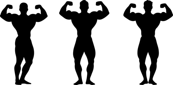 Silhouettes of three muscular men posing in various stances, showcasing athletic physiques from different viewpoints.