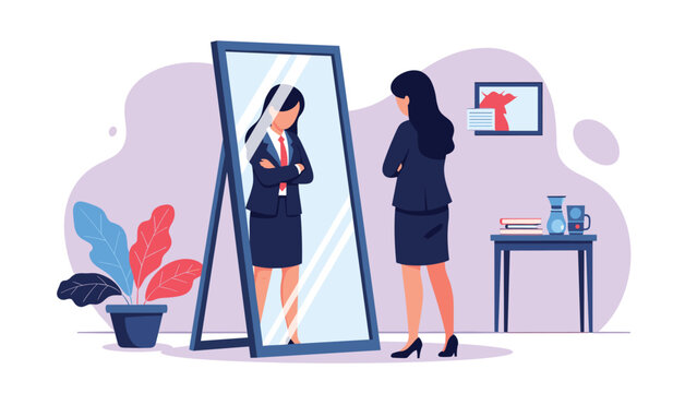 Confident businesswoman looking at her empowered reflection in a large mirror to boost self-esteem and professional identity.