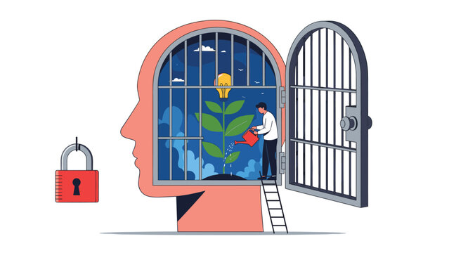 Individual trapped inside a head silhouette cage while watering a plant to symbolize mental entrapment and the need for emotional growth.