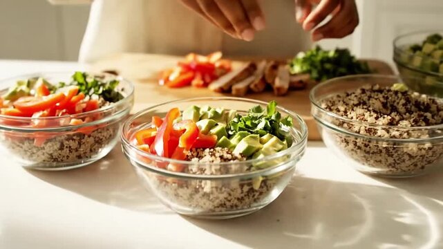 Person assembling fresh, colorful ingredients like quinoa, chopped vegetables, and protein into glass bowls for healthy meal preparation, ideal for a nutritious and customizable diet