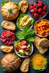 A vibrant spread of luncheon foods including sandwiches, salads, fruit, and pastries, perfect for a delightful gathering Ideal for catering, office parties, or potlucks , spread, selection