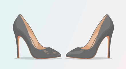 Two grey, high-heeled, pointed-toe shoes are placed on a light background