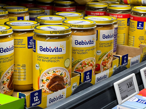 10.22.2025 - Flensburg, Germany. Belvita baby food glasses on the reck at supermarket 