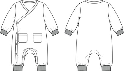 Baby Romper Technical Flat Sketch Vector, Kimono Style Jumpsuit Front and Back View with Pockets and Ribbed Cuffs