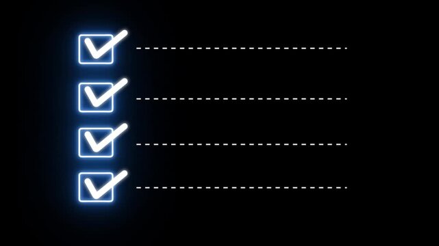 Checklist on the dashed line icon with check marks. Check all the boxes of checklist. Checking a to do list. checklist concept animation on black background.