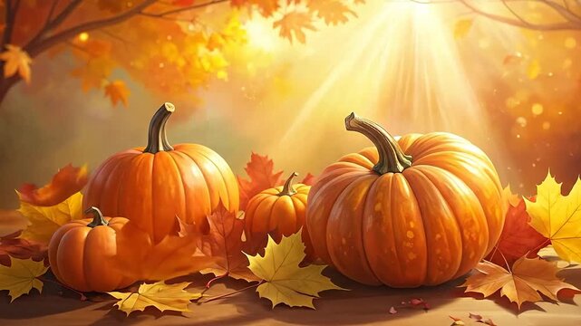 A group of pumpkins and colorful autumn leaves are displayed on a wooden surface in the sunlight.
