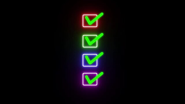 check mark tick sign in neon square checkbox with transparent background. Tick correct sign mark in checkbox for quality document control checklist and business approve project. 4k video.
