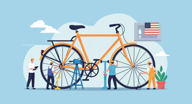 Technicians assemble a giant orange bicycle with tools and an American flag