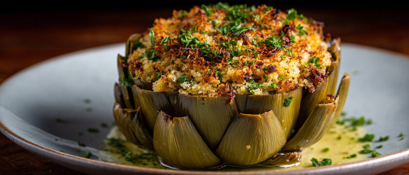 A delicious stuffed artichoke on a plate garnished with herbs and sauce