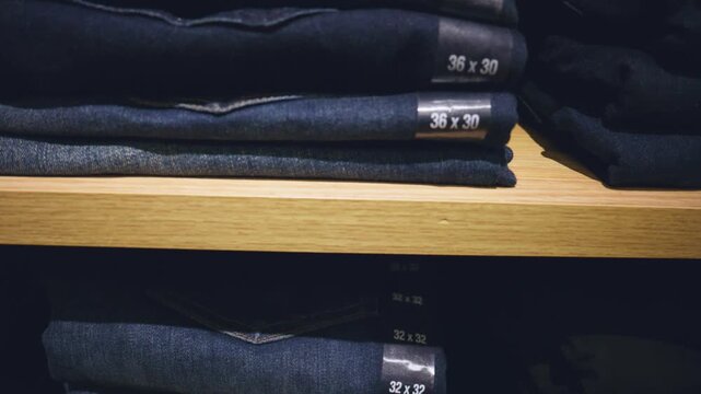 stacks of jeans with different sizes, styles and colors on shelving for display and sale