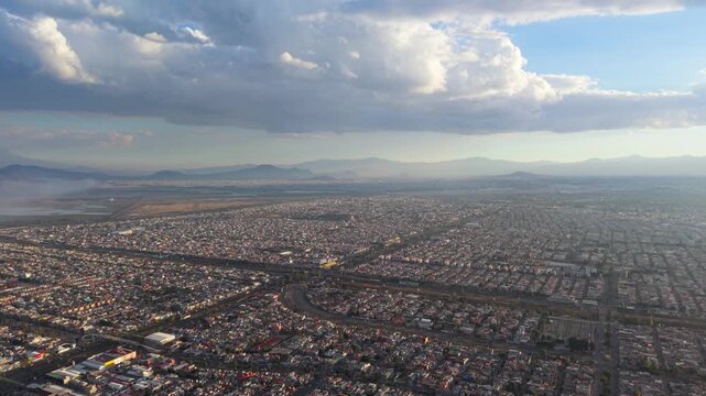 Sunset aerial of residential area in Ecatepec, north Mexico City