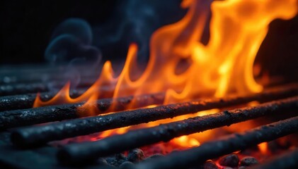 Close-up shot of vibrant, dancing flames licking the surface of a hot grill grate, ready for cooking Perfect for culinary, barbecue, summer, and food-related projects , smoke, flame