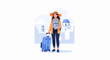 Fototapeta premium Traveler with suitcase and Greek flag brochure in front of white buildings