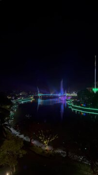 Beautiful Kuching City During Night View With Led Light Performance At The Water Front And View Of Darul Hana Bridge.