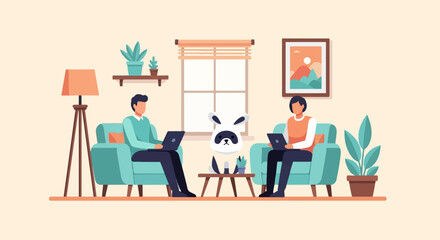 Two individuals work on laptops in a room with plants