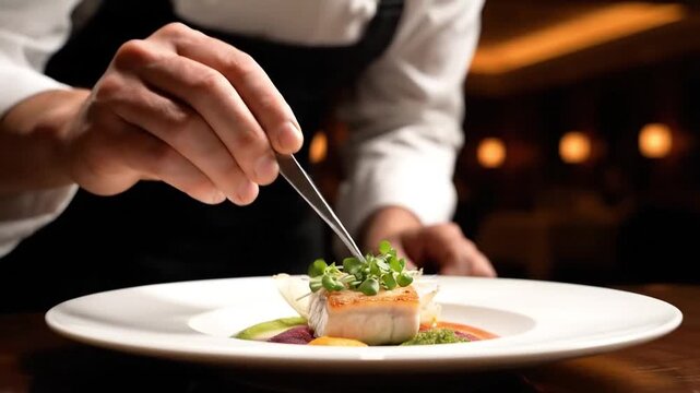 Professional chef's hands carefully garnishing an exquisite gourmet meal with delicate precision, showcasing culinary artistry and attention to detail in fine dining preparation