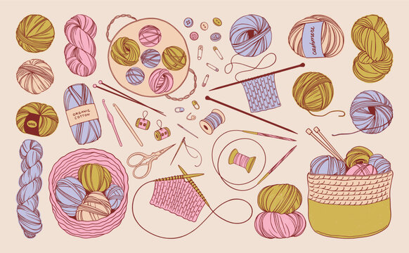 Hand Drawn Knitting and Craft Illustrations Clipart.  Yarn, Needles, Hooks, Scissors, Pins and Baskets of Thread.