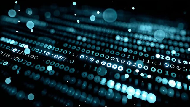Binary code matrix with glowing blue digits and bokeh effect.
