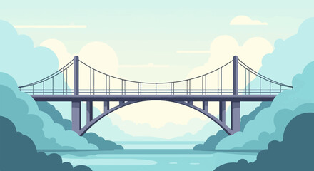 Obraz premium Stylized suspension bridge spanning a calm river under a cloudy sky