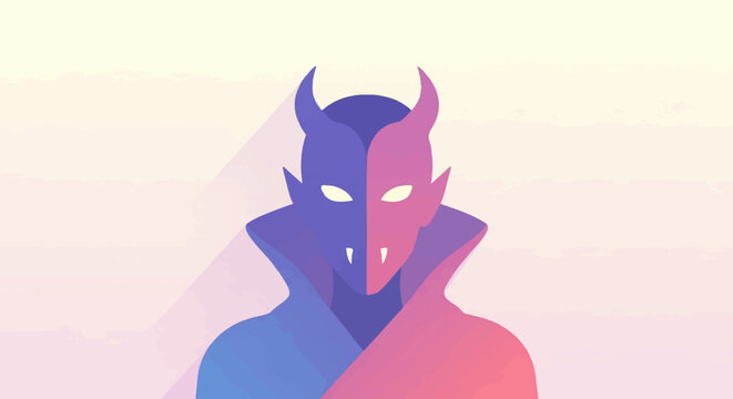 Stylized, symmetrical devil figure with horns, fangs, and collar