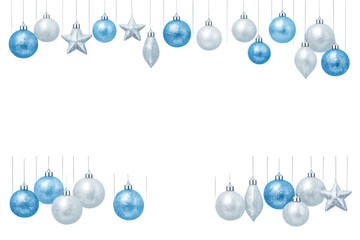 Winter holiday border with blue and silver christmas ornaments, stars, and icicles creating festive seasonal decoration
