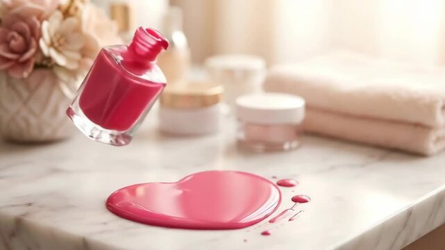 Pink nail polish bottle pouring liquid and shaping heart on marble counter. Valentine day beauty concept for love and pamper.