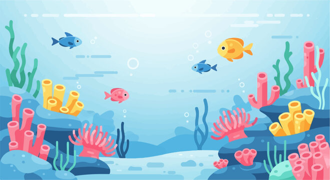 Stylized underwater scene with vibrant coral, sea plants, and colorful fish