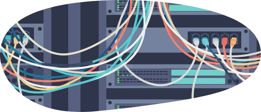 Tangle of colorful cables connected to servers and network devices