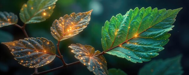 Intricate, glowing leaves imbued with otherworldly energy, radiating a mystical aura Perfect for fantasy, magical, and spiritual projects , shine, leaves, mysterious