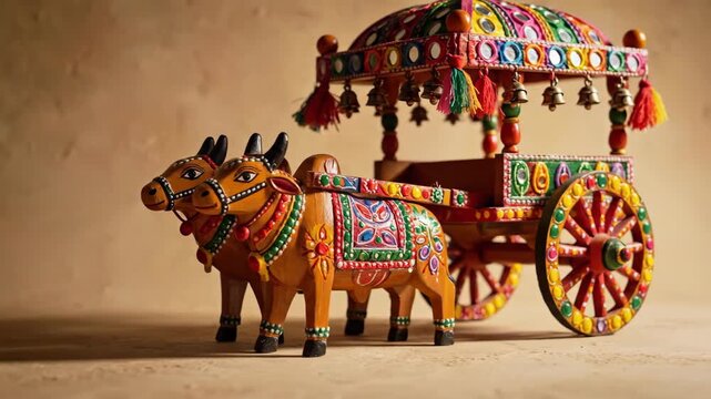 Colorful traditional bullock cart decoration with intricately designed wooden cart and vibrant miniature oxen figurines. Bullock cart symbolizes rural heritage and culture in Indian festivities.