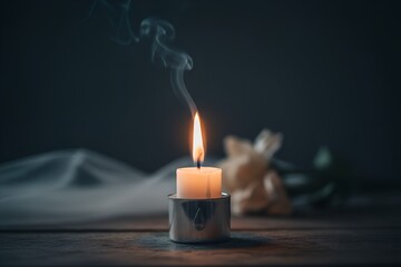 Memorial Candle Burning in Darkness for Remembrance and Reflection