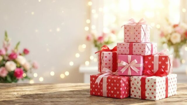 Gift boxes stacking with twinkling bokeh lights. Holiday presents on wood table for romantic surprises.