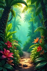 Lush, vibrant tropical garden overflowing with exotic plants, flowers, and foliage Sunlight filters through the canopy, illuminating the rich textures and colors , green, vegetation