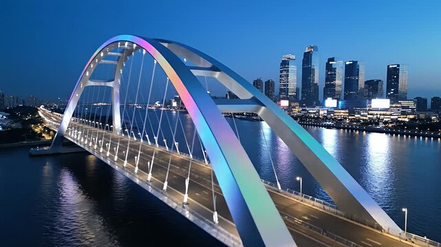 Modern illuminated arch bridge with city skyline at blue hour