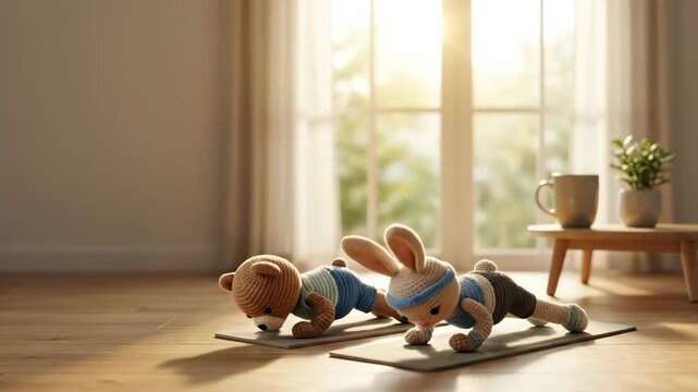 Knitted teddy bear and bunny practice yoga on mats near window, depicting a full body warrior and plank pose sequence for health.