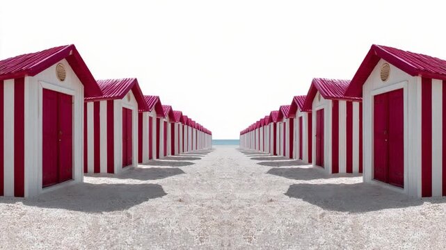 Coastal Retreats: A symmetrical rows of charming beach huts with distinctive red and white striped facades line a sandy shore, beckoning visitors to enjoy the tranquility and beauty of the seaside.