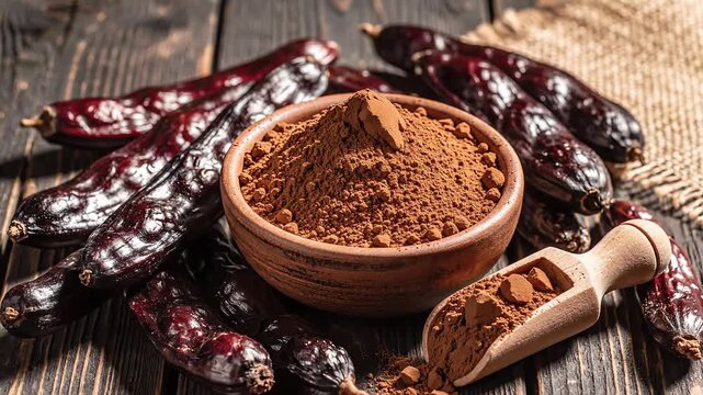 Carob Powder and Pods on Rustic Wooden Surface
