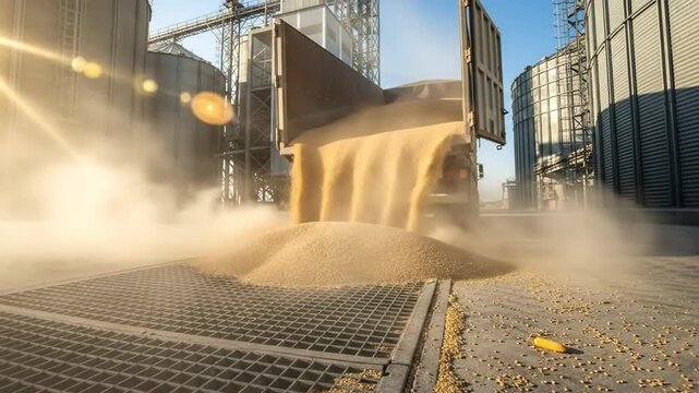 Heavy truck unloads golden grain into the receiving hopper at the elevator on a sunny day.