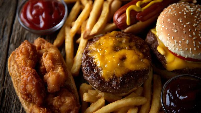 22Overhead flat lay of classic fast food spread, cheeseburgers, crispy fries, hot dogs, and nuggets surrounded by ketchup, mayonnaise, and barbecue sauce, natural wooden table surfac