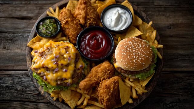 27Top-down cinematic view of fast food assortment, greasy burgers, crispy fries, fried chicken, nachos, dipping sauces arranged in a circle, textured wooden tabletop enhancing contra