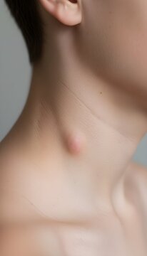 "Close-up of a human neck with a visible inflamed lump or swollen lymph node, medical dermatology concept