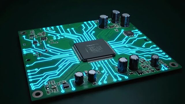 Animated printed circuit board pcb transforming with components and glowing blue electrical traces