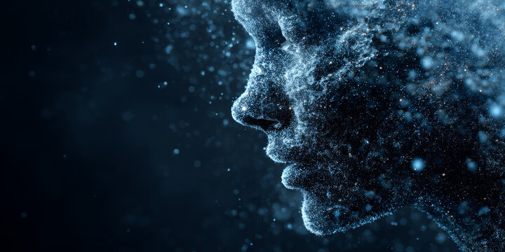 Digital artwork depicting human face dissolving into particles, set against dark background. image conveys sense of mystery and transformation, with focus ethereal and abstract nature of subject