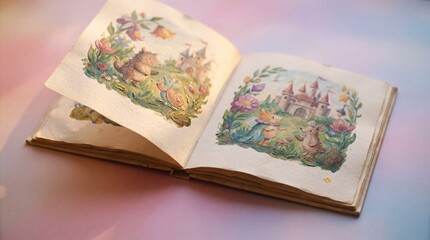 An open book with vibrant illustrations of fantastical landscapes and castles viewed from above on a soft pastel background © Arshaka